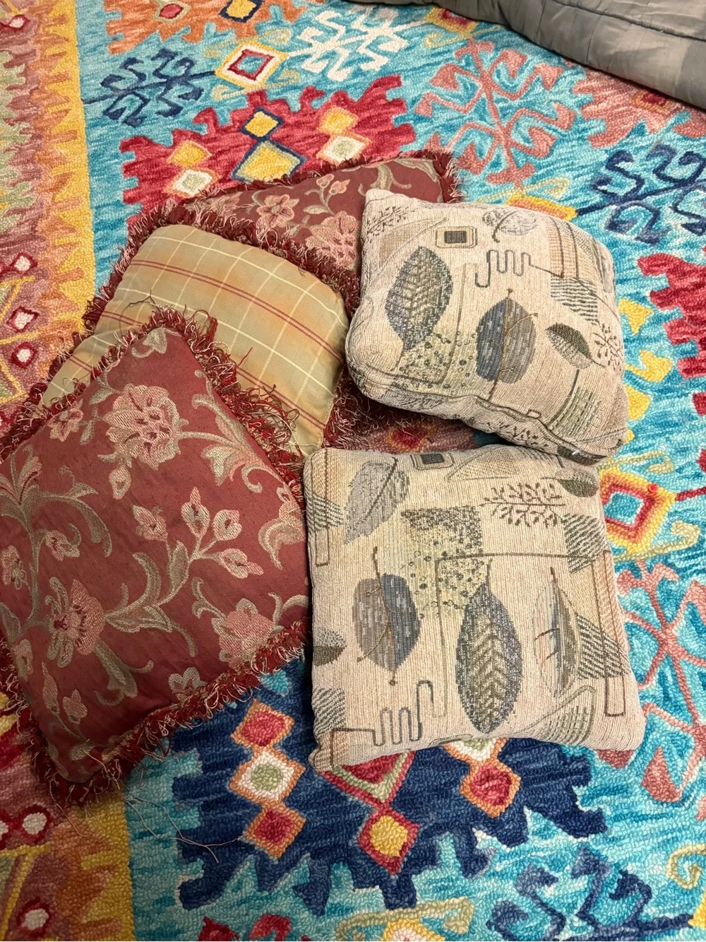 Decorative Throw Pillow Set in Rust, Plaid, Natural Leaf Prints bundle lot